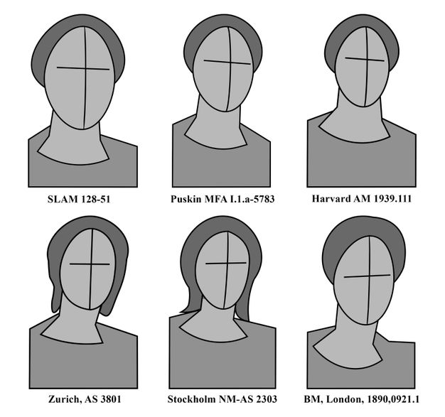 The diagram shows a simple outline of the head, hair, and shoulders of six women in portraits labeled with their institution and accession number. A cross outline on the face shows the eyeline, which is slanted slightly in the outlines of Puskin MFA 1.1a-5783, Harvard AM 1939.111, and BM London 1890,0921.1. Four of the outlines show women with their hair up. These are SLAM 128-51, Puskin MFA 1.1a-5783, Harvard AM 1939.111, and BM London 1890,0921.1. Outlines Zurich AS 3801 and Stockholm NM-AS 2303 show women with their hair down or in a looser updo. In four of the images, the women are slightly farther back in the frame than in the outlines SLAM 128-51 and BM London 1890,0921.1. In all six outlines, the women's proper right shoulder is closer to us than her left, so that the women's necks lean slightly to our right to keep their faces centered in our eyeline.