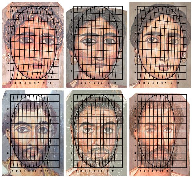 Six painted portraits of men and women, arranged in two rows of three, each overlaid with a black grid system. The grid consists of numbered horizontal and vertical lines forming a curved rectangular shape aligned with the contours of each face. The images show variations in facial proportions, alignment, and features such as eyes, nose, and mouth within the grid structure. The portraits display different hairstyles and clothing but share similar frontal poses. The women all have dark hair that is pulled back and dark eyes. They are all wearing pearl earrings. The men all have dark eyes and hair and similarly full facial hair.