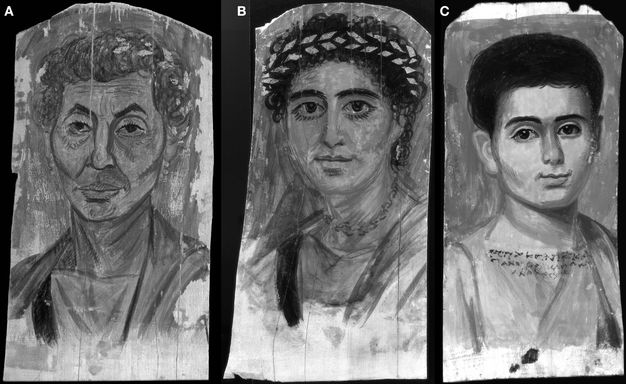 Three black-and-white images of portraits, labeled A to C, showing frontal views of individuals on wooden panels. Portrait A depicts an older person with short curly hair and apparent wrinkles on the face. Portrait B shows a woman with curly hair wearing a wreath-like headpiece and jewelry. Portrait C portrays a young person with short dark hair and smooth features, wearing a light garment with inscriptions visible across the chest area. The grayscale presentation highlights tonal contrast and brushwork used in the paintings.