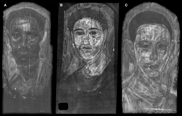 X-radiographs of three portraits that appear as black and white images. In Image A, the man's face is not very visible, but the outline of his face is dark. His eyes, hair, and facial hair are darker and easier to make out than in the original. In Image B, the woman's face is bright white against a dark background. Her eyes, lips, and hair are also very dark. In Image C, the man's hair, eyes, and lips are dark against a gray background. Most of his face blends in with the background. 