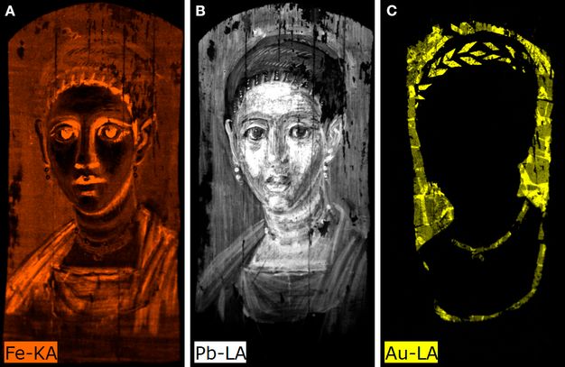 Three images, labeled A-C, of a woman's portrait, showing elemental distribution maps using MA-XRF. Panel A shows the presence of iron in bright orange tones and reveals the full portrait of a young individual with clearly outlined facial features, eyes, and clothing folds. Panel B appears in grayscale and the lead used in the woman's face appears as bright white. Panel C highlights in bright yellow the gold of the wreath headband, necklace, and the background.