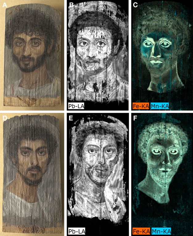 The top row, A through C, shows Portrait A under different lighting conditions. Panel A is a visible light image of a man with curly hair and a beard wearing a white tunic. Panel B is a lead distribution map in grayscale that reveals underlying brushwork and highlights in the face and clothing. And panel C is a combined elemental map showing the presence of iron in orange, and the presence of manganese in cyan, both appearing across the man's face and, most notably, around the eyes, nose, and lips. The bottom row, D through F, shows Portrait B. Panel D is a visible light image of a man with dark hair and beard wearing a tunic. Panel E is a grayscale image that highlights in bright white the man's face. Panel F shows in orange and cyan the presence of iron and manganese, both appearing throughout the man's face.