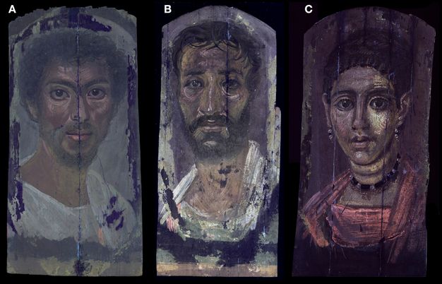 Images of three portraits under ultraviolet illumination, showing the bright pink fluorescence of red lake. Image A is a portrait of a man. The image is very dark with a slight pink hue showing on his lips, around his eyes, and on his forehead. The background of the image has visible streaks of black lining on the sides and top of the portrait. There is also a visible line down the middle of the portrait. Image B shows a portrait of a thin-faced man. There are very few pink hues in the image, but they can be seen on his cheeks, nose, forehead, and part of his white garment. The image is dark and has visible streaks of black that line the portrait. Image C shows a portrait of a young woman. The image is dark, but her garment has a bright pink hue. 