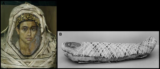 Two views of a mummy portrait. Image A shows the portrait inserted in the mummified remains, placed where the face of the individual would be. The portrait features a young boy with a gold wreath around his head and dark hair. The boy has dark eyes, light skin, and a white garment. Only his head and chest are visible. Image B shows the mummified individual in its entirety in black and white. The body is wrapped in a cross-hatch pattern, and the portrait of the boy is visible. 