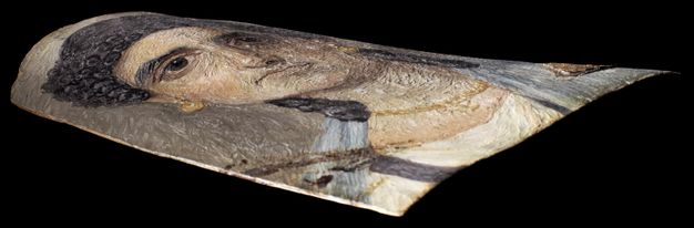 Portrait lying horizontally on a flat surface. The panel is thin and doesn't lie flat, appearing warped. The panel rises most noticeably at the woman's head, so that the proper left side of her face is less visible from this angle.