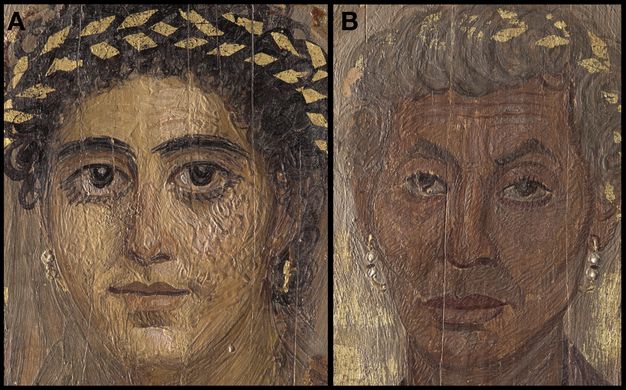 Two portraits are shown side by side. Image A shows a woman with dark hair and a gold wreath. She has dark eyes, fair skin, and thick eyelashes. Image B shows an older woman with gray hair and a gold wreath. Her wrinkles are visible, and she is wearing pearl earrings. She has dark skin.