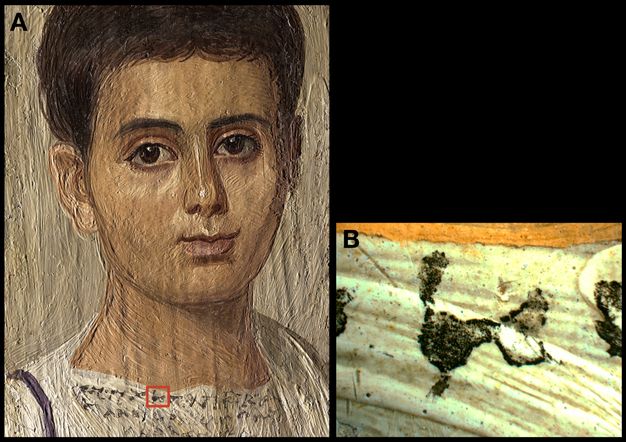 Two images are shown side by side. Image A is a portrait of a young boy with soft features and dark hair and eyes. His skin is tan, and he is wearing a white garment with a black strap on the left side. There is black detailing on the front of his garment. Image B is a close up of the black detail on the boy's garment. 