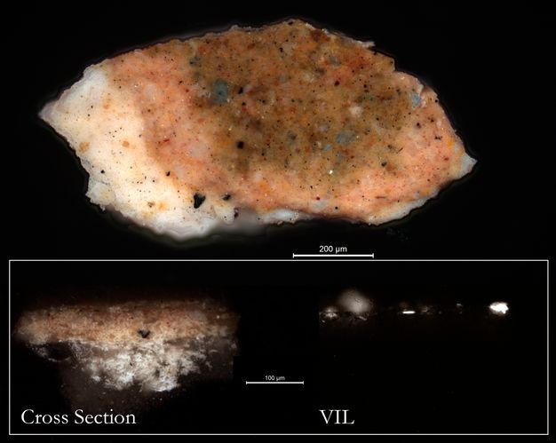 The image displays three views of a paint sample. The unmounted sample at top is an irregular fragment showing a white base overlaid by reddish-orange and brown paint, with visible blue and dark particles. The bottom section shows the sample in cross-section. The left view, under visible light, clearly shows the thick white ground layer beneath the colorful paint. The right view in VIL is black but reveals a bright white, glowing line along the paint layer.