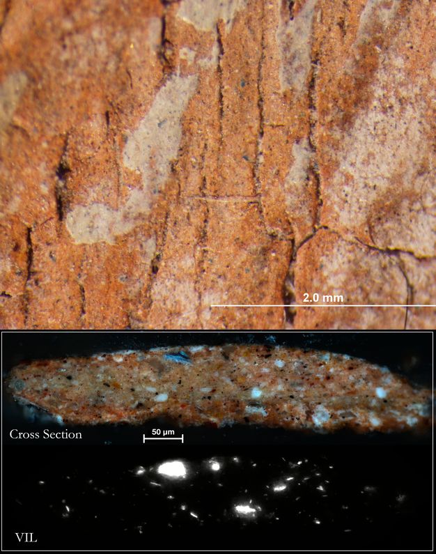 A close-up detail of the painted surface of a portrait showing at the top the painting in its original color, a cross section in the middle showing the core of the sample as brown with bright speckles corresponding to other materials, and the same cross section under VIL at the bottom where the image appears predominantly black except for a few speckles that show as bright white.