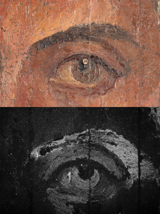 Two views of a close-up image of the left eye of a portrait. The image at the top shows the eye in its original color, with reddish shading around it. The bottom VIL image is very dark except for the shading under the brow which appears white, and there is light gray on the upper lid, in the iris, and along the lower waterline of the eye.