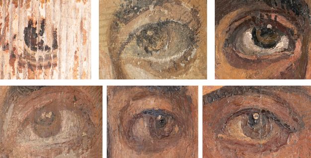 The image displays six close-ups of eyes from different portraits, arranged in two rows of three. The paint is partially missing on the top left image, revealing the wood grain. The top center eye features prominent eyelashes and brows and a noticeable white highlight near the pupil. The top right eye is more detailed, featuring a clear white highlight. The bottom left eye has a soft, dark rendering of the iris and pupil, with the surrounding skin tone being reddish-brown. The bottom center eye has a very dark, prominent pupil and a swirling, reddish-brown iris. The bottom right eye is meticulously painted, featuring a small white highlight, a visible tearduct, and a rich, reddish-brown skin tone.
