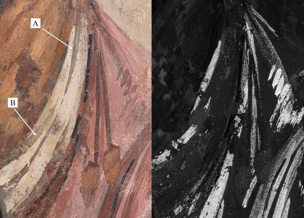 Two detail images of a scarf. The image in visible light on the left features two arrows labeled A and B, pointing at different gray areas that are visually similar but executed with different paints. The VIL image on the right is high-contrast black and white.