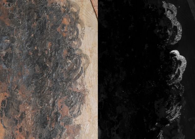 The two images show the detail of the hair from a portrait. The image on the right is under visible light. The hair is rendered in dark brown and black tones, forming curls. The underlying paint or ground appears to be a reddish-orange or brown color, which is visible through the thinner areas of the hair paint. The VIL image on the right is predominantly black, with specific areas along the edge of the hair curls being bright white.