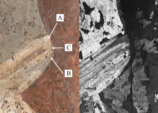 A close-up image of a garment with arrows labeled (from top to bottom) A, C, and B. Next to this color image is a black and white VIL view of the same area with a striking contrast between the darker and brighter areas of the painting.