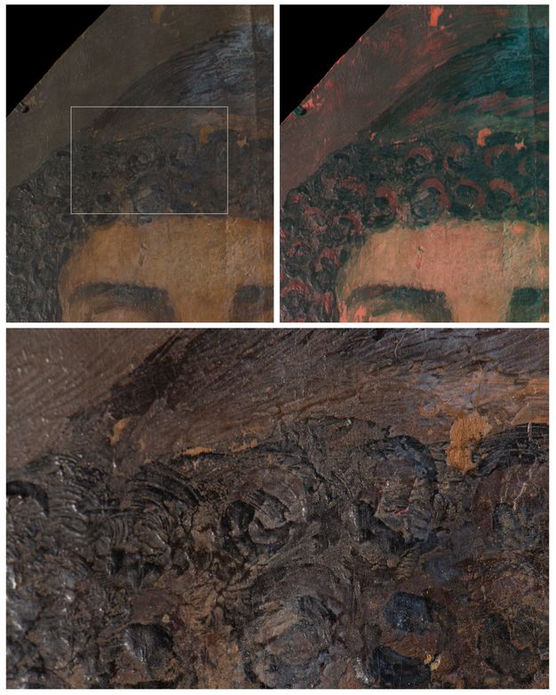 Three images display close-up details of the hair on a portrait. The top left image includes an area marked with a rectangle. The top right image includes areas of the painting marked in fluorescent red. The bottom image is a close up of the curls, brushstrokes are apparent.