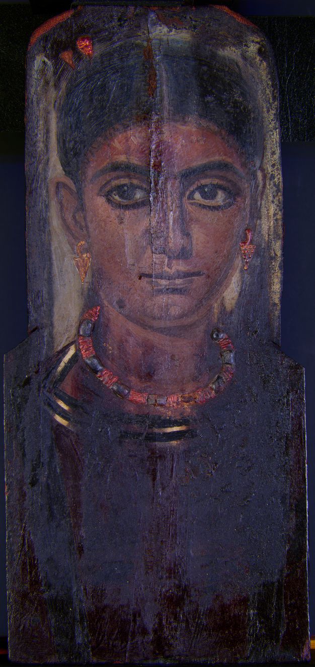 In this image of a portrait of a young woman, the originally red tunic appears darkened. 