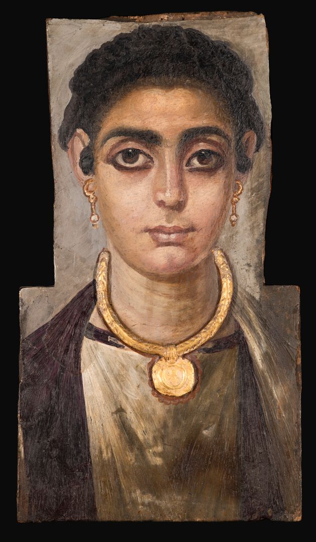 Portrait of a woman with a collar-like gold coin pendant necklace. Her hair is twisted in a braid above her head, and she wears dangling gold earrings with a bead or pearl at the bottom. Her garment is white with dark purple over her proper right shoulder and around the collar.