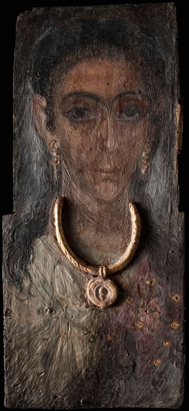 Portrait of a woman under raking light showing the texture of the surface. The necklace is notably raised as it casts a shadow around the woman's neck.
