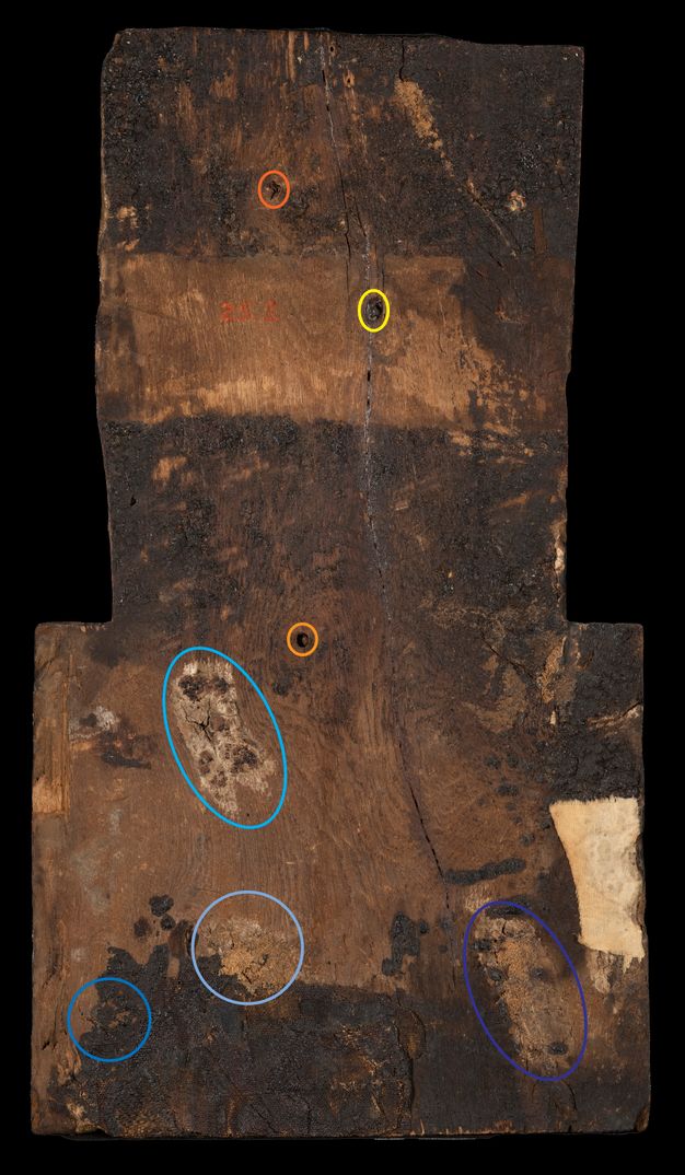 Back side of a mummy portrait. The image is annotated with various yellow, orange, blue, and purple circles indicating interventions to the portrait completed in the past.