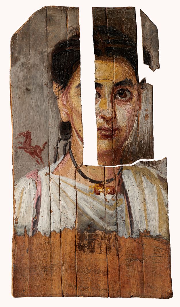 Image of the child's portrait after digitally removing boards that were added later to the painting. Only the original boards are included, leaving blank spaces along the vertical axis of the child's right eye and towards the rightmost edge of the portrait. 