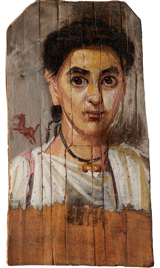 Digitial rendering of the child's portrait showing how the painting would have likely looked before the board was transplanted. The appearance is very similar to the actual conditions of the portrait currently but the eyes look more symmetrical, featuring the same size and color tones.