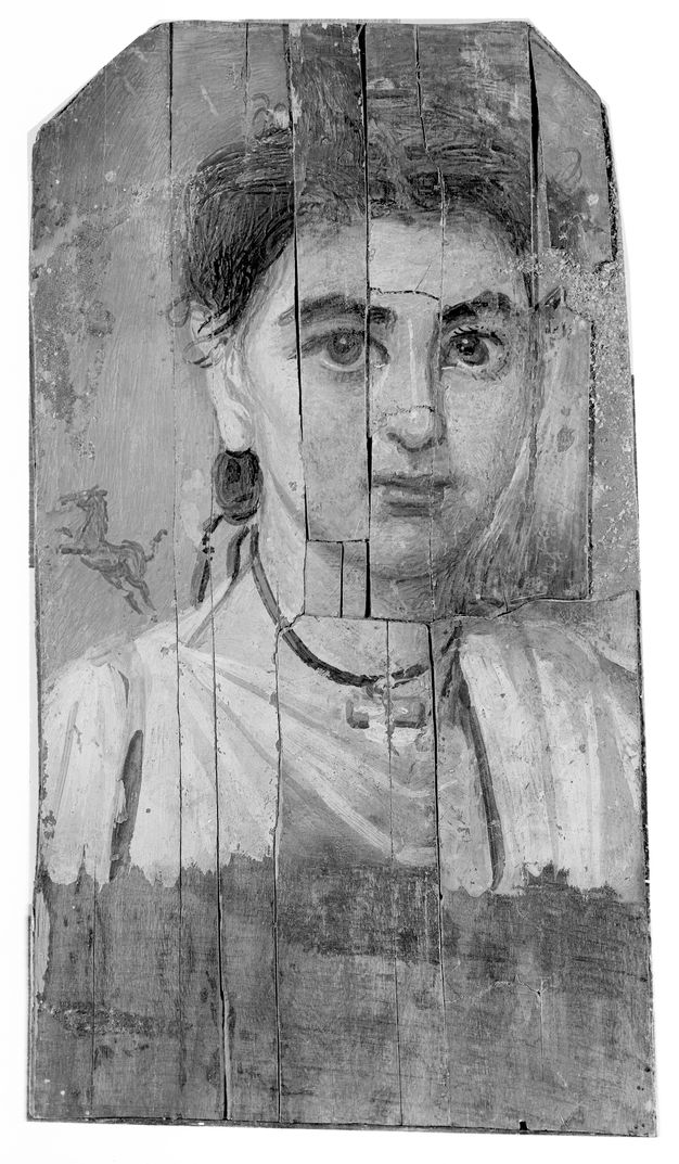 Black and white photograph of the child's portrait from figure 16.1. The portrait looks overall the same except for the lack of damage to the paint in the rightmost plank.
