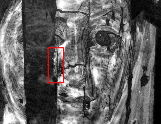 Detail of the X-radiograph of the child's portrait. A red rectangle is placed to highlight a fracture to the board located by the child's nose.