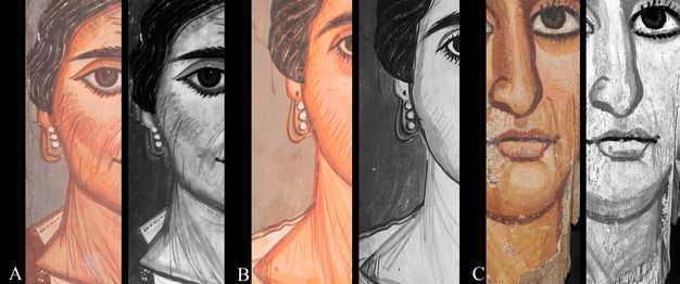 From left to right, figures A, B, and C are compared from normal light (and in color) to their infrared (gray) reflectogram images. Facial details are evaluated with infrared reflectograms and compared to their normal-light versions, illustrating evidence of the artist's preparatory sketches. Sketch lines are indicated on the neck, cheeks, nose, corners of the mouth, and forehead of the portraits of these women.