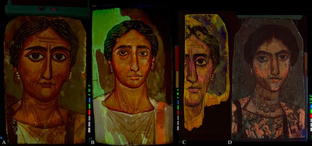 A series of ultraviolet-induced visible fluorescent portraits of women. All four images depict a woman with a somber expression, with darkened markings indicating facial lines, in skin that features an orange-pink flurescence. All four portraits illustrate women with their hair tied up, wearing tunics and dangling earrings.