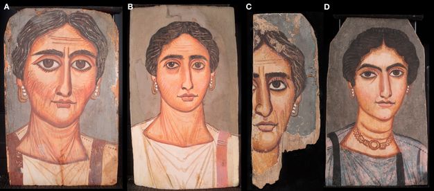 Four portraits of women labeled (from left to right) A, B, C, and D. All four women have a serious expression and emphasized facial details, as indicated by darkened lines added by the artists in the face, neck, and/or forehead. All four women wear dangling earrings, and have dark hair that is tied up. 