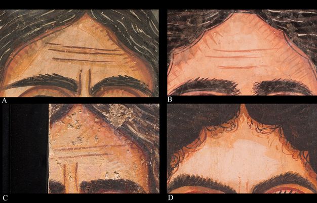 Four close-up images of the foreheads from the portraits of four women showing details of the hairline and illustrating the contour and hatch line technique used for shading and volume. Images A, B, and C show wrinkles and strands of gray or whitish hair. Image D shows a forehead without wrinkles or graying hair. Her hair is the curliest. In all four images, there is shading along the hairline.