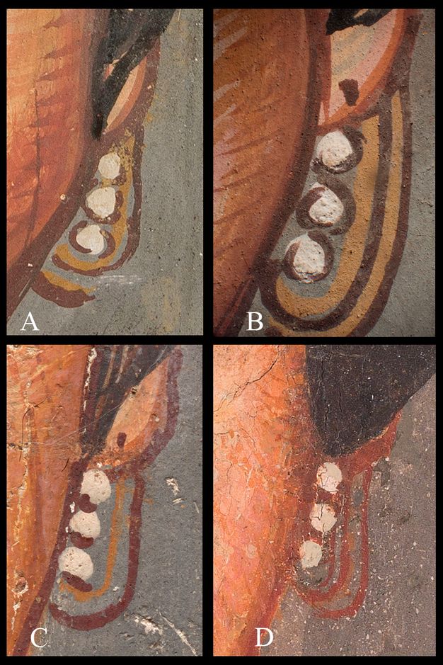 Four close-up images of the earrings from the portraits of four women. All four images show a dangling earring of three pearls with two gold loops extending from the base of the third pearl to behind the earlobe. In image A, the portrait’s double loops and bead outlines are described with interrupted lines, and there is no piercing mark on the earlobe. Image B shows a piercing mark, and the double loops and bead outlines are painted in continuous lines. In image C, there is a single loop each of yellow and red, and piercing, while the beads are simply underlined. In image D, there are double loops of red ochre only, no piercing is indicated, and the three beads are separated by two red ochre dots between them.