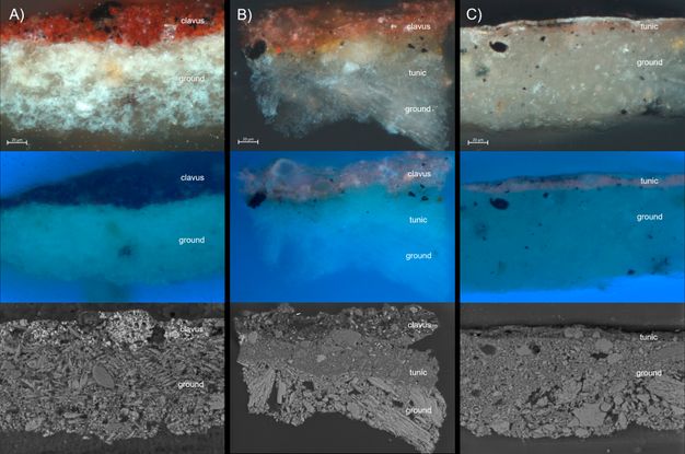 Three samples (A, B, and C) from a mummy portrait, each viewed under normal radiation, ultraviolet radiation, and the backscattered electron image. Sample A, under normal radiation, shows a dark red top layer labeled clavus situated directly over a very thick, white preparation layer labeled ground. Under ultraviolet radiation, the red clavus layer appears dark or black, and the white ground layer exhibits strong, light blue/cyan autofluorescence. Under electron image, sample A reveals the physical structure of the red clavus layer and the granular nature of the underlying ground layer. Under normal radiation, sample B shows a complex layering. The top layer, labeled clavus, is a mixed red/orange color. Below this is an intermediate layer labeled tunic, which rests on the white ground layer. Under ultraviolet radiation, The clavus and tunic layers show varied fluorescence. The ground layer displays a strong light blue/cyan autofluorescence. Under electron image, sample B reveals a highly granular structure, clearly showing the boundary and mixture among the clavus, tunic, and ground layers, with the structure being visibly porous. Under normal radiation, sample C shows a very thin, pale top layer labeled tunic situated directly over a thick, off-white ground layer. Under ultraviolet radiation, the thin tunic layer appears as a thin dark band, while the underlying ground layer exhibits the characteristic light blue/cyan autofluorescence. Under electron image, a clear, sharp interface is visible between the thin tunic layer and the thick, dense, granular ground layer.