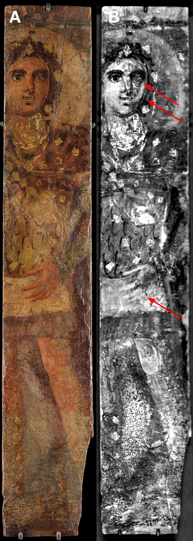 A panel shown in original color (A) and in black and white (B). The image is part of a full-body portrait of a man. In panel B, there are three red arrows that reveal underdrawing: one points to the right eye, the second arrow points to the left side of the jaw, and the third points to the left hand, which is held in front of the abdomen.