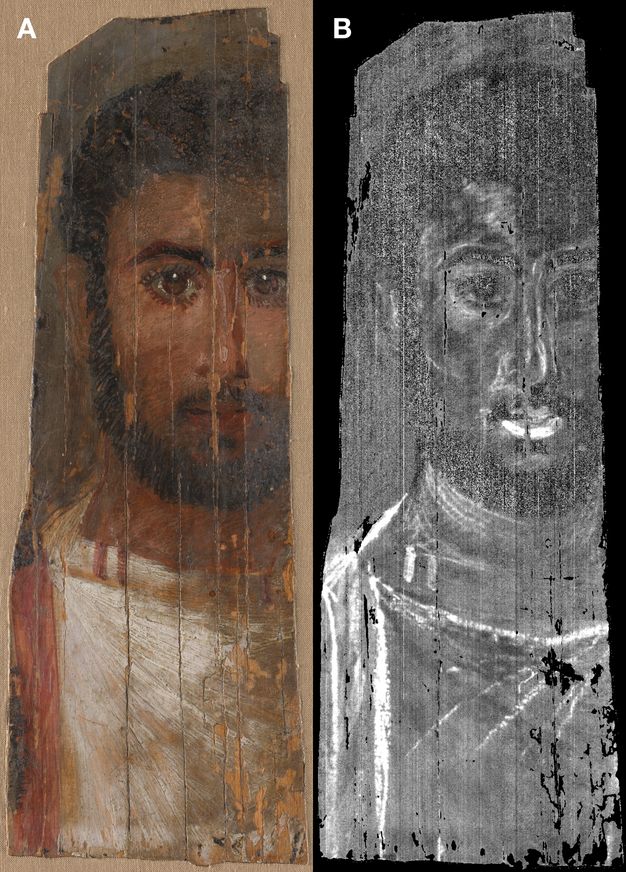 A portrait of a man in original color (A) and in black and white (B). The man has a beard and short hair and wears a white tunic. In panel B, his lips and a few lines on his tunic are a vibrant white, revealing the white underdrawing, while the rest of the image appears gray.