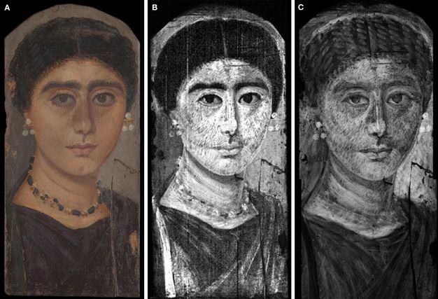 Portrait of a woman in original color (A), in black and white showing in bright white the distribution of waxy binder used throughout the woman's face (B), and in black and white MA-XRF imaging showing the distribution of lead (C). The woman wears a dark tunic with a necklace of green stones and pearl earrings. In panel C, the braids of her hair updo are visible, and the only pure white is in the pearl earrings. 