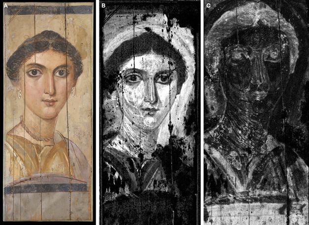 Portrait of a woman in original color (A), in black and white showing distribution of proteinaceous binder (B), and in black and white MA-XRF imaging showing distribution of calcium (C). The woman has her hair up and wears hoop earrings with three pearls, as well as a golden tunic and gold cord-like necklace.