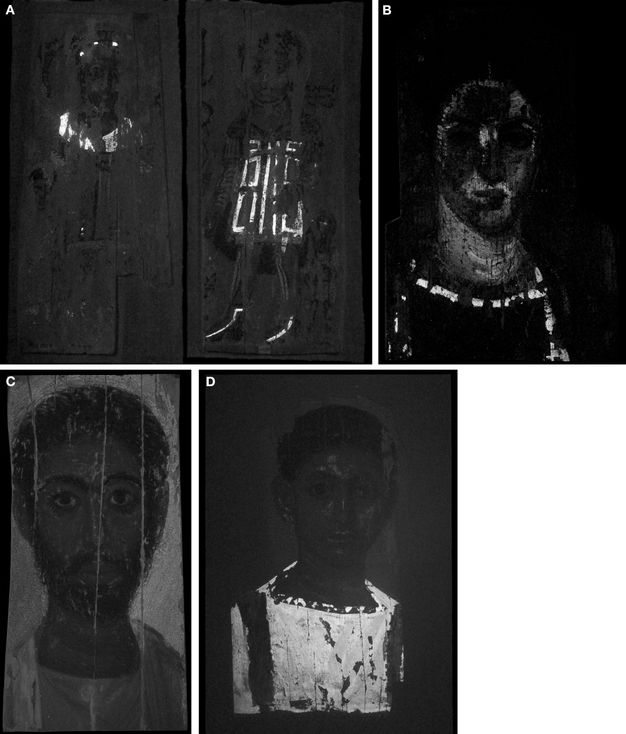 Four dark images in VIL imaging showing traces of Egyptian blue. Panel A represents the gods Heron and Lycurgus, and Egyptian blue shows up as vibrant white in three spots of Heron's hair and around the collar, and in a rectangular pattern of Lycurgus's skirt, as well as in a stripe along each of his shoes. Portrait B is of a woman, and Egyptian blue shows up as white on her face and neck, and in a stripe around the collar and on her tunic. Portrait C depicts a man and shows some light use of Egyptian blue in the background and in his flesh. Portrait D shows Egyptian blue as a vibrant white in the woman's clothing.