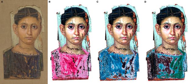 Portrait of a woman in original color (A). In panel B, the woman's tunic is a bright pink corresponding to the spectral presence of madder lake. In panel C, her tunic is blue corresponding to the spectral presence of Egyptian blue. In portrait D, her tunic is turquoise corresponding to the spectral presence of indigo lake.