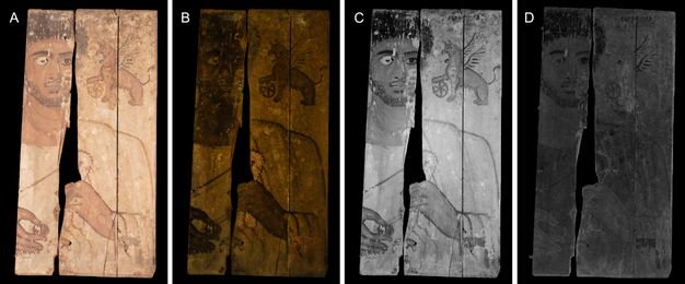 The image displays four views (A, B, C, D) of a painted wooden panel using multiband imaging techniques. In Panel A, the image is in Visible Light and shows the portrait with its original colors: the depicted man has dark hair and a beard, light skin tones, and is wearing a tunic. The panel is cracked down the middle. In Panel B, the image is under Ultraviolet-Induced Visible Fluorescence and shows a dark, high-contrast, mostly non-fluorescent appearance. The original light areas of the painting appear dark, contrasting with the wood panel. In Panel C, the Infrared Reflectography image is high-contrast black and white. Original white and reddish pigments appear light, while the hair and outlines appear dark. In Panel D, the Multiband Reflectography image is a high-contrast black and white view similar to IRR, but the image is much darker and less distinct.