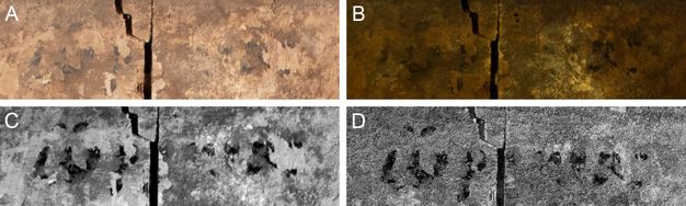 The image displays four views (A, B, C, D) of a wooden panel with an inscription using multiband imaging techniques. Panel A shows the inscription in Visible Light. The inscription is faint, appearing as dark markings on a reddish-brown, cracked, and textured surface. Panel B corresponds to the Ultraviolet-Induced Visible Fluorescence image. The surface has a dark, brownish-yellow appearance, and the inscription is largely obscured. Panel C shows the Infrared Reflectography image. In this black and white view, the inscription is much clearer, appearing as dark black characters against a light grey background. Panel D shows the Multiband Reflectography image. It is also black and white and clearly shows the inscription, similar to the IRR image.