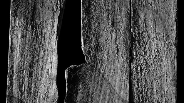 Black and white photograph in raking light showing a close-up detail of a wooden panel. The raking light strongly emphasizes the rough, vertical texture and grain of the wood. The panel is composed of separate planks, and a dark, irregular gap is visible between two of them.