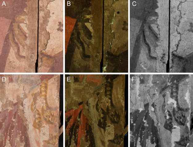 Two rows of images showing three views each of two different painted panels under various types of light. The top row corresponds to three images (A, B, C) of Panel ÆIN 685. Panel A is a Visible Light image and shows a detail of a bracelet, which appears as a light-colored shape with reddish-brown outlines and details, painted on a light tan, cracked surface. Panel B is an Ultraviolet-Induced Visible Fluorescence image and shows the bracelet area as dark and non-fluorescent, against a dark brownish-yellow fluorescing background. Panel C features an Infrared Reflectography image and is black and white. It clearly reveals the dark black lines used to outline the shapes on the bracelet. The bottom row features three images (D, E, F) of Panel ÆIN 711. Panel D is a Visible Light image and shows a second bracelet, which is yellowish or light-colored with red details, painted on a reddish-brown background. Panel E is an Ultraviolet-Induced Visible Fluorescence image and shows the bracelet as dark and non-fluorescent. The original red pigment is a bright, distinct orange-red. The background fluoresces a dark brownish-yellow. Panel F corresponds to an Infrared Reflectography image and is black and white. It clearly shows the dark black outlines of the bracelet's details.