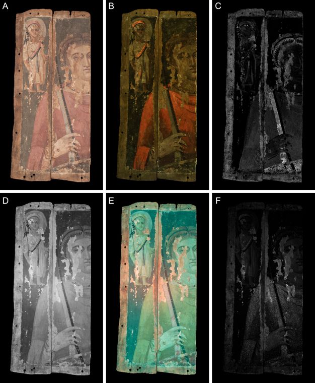 Multiband imaging of the votive panel painting that depicts the goddess Nemesis and the god Harpocrates. The visible light photograph of panel A is in original color, while panel B is a UVF image showing the original colors of Nemesis's tunic and Harpocrates's sash and crown as orange. Panel C is an MBR image, and the paint shows up MBR positive as a light gray most notably on the clavus in her right hand, as well as in her hair, necklace, and on Harpocrates's forehead, crown, sash, and in the shading of the white garment near his left thigh. Panel D is IRR imaging that emphasizes the carbon-based black used for Nemesis's staff, parts of her necklace, and hair, as well as for the gray background and for Harpocrates's sash, staff, eyes, and locks of hair. Panel E is an FCIR image which makes the entire image appear a light blue and draws attention to the reddish tone in Nemesis's clavus, hair, necklace, and Harpocrates's headgear. Panel F is a VIL image with a small contribution from IRR, so that the image appears to be in black and white and very dark, making it difficult to distinguish the deities in the portrait save for the presence of white in Nemesis's garment corresponding to Egyptian blue.