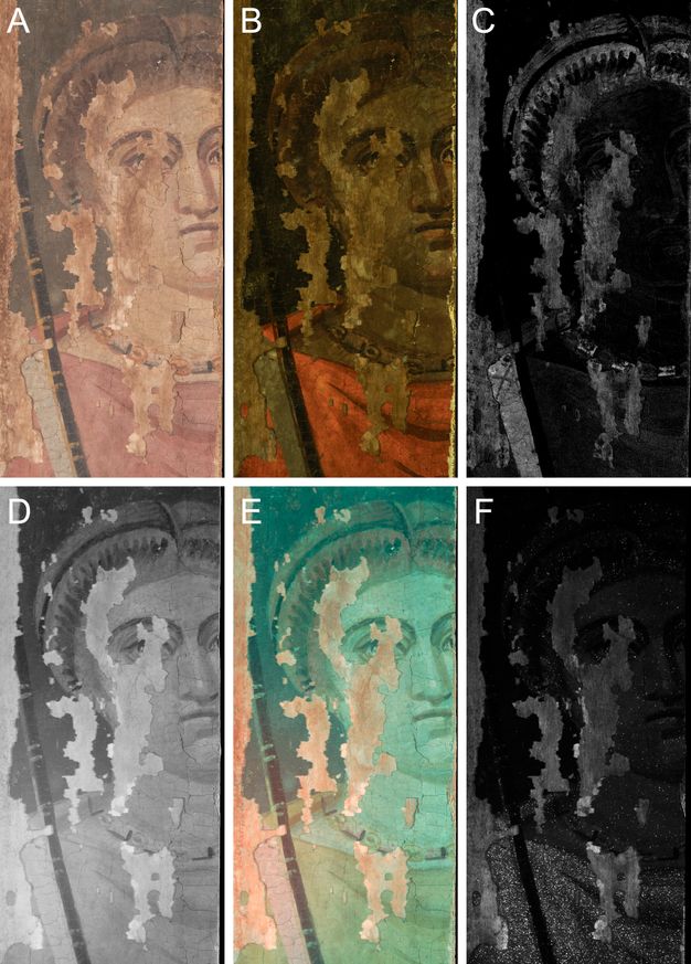 Multiband imaging of closeups of Nemesis's head. Panel A shows the portrait of Nemesis in original color. Panel B is a UVF image that shows the reddish hue of Nemesis's garment as a bright orange. Panel C is an MBR image, and the paint shows up MBR positive as a light gray, most notably on the clavus in Nemesis's right hand, hair, and necklace. Panel D is an IRR image that appears black and white. Panel E is an FCIR image, so that most of the paint shows up as a light blue except for the reddish tone in Nemesis's clavus, hair, and part of her necklace. Panel F is a VIL image with a small contribution from IRR, so that the image appears mostly black except for the gray of Nemesis's garments.