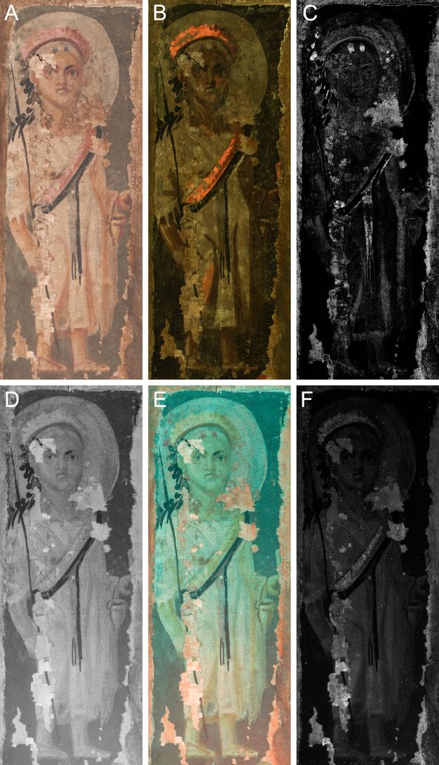 Multiband imaging of Harpocrates's face and body. Panel A shows the image of Harpocrates in original color; parts of his crown and sash are red, and his garment is white. Panel B is a UVF image that shows the reddish hue of Harpocrates's crown, sash, left knee, and cheeks as bright orange. Panel C is an MBR image, and the paint that shows up MBR positive appears as light gray, most notably on the right side of his garment. Panel D is an IRR image that appears black and white. Panel E is an FCIR image, so that most of the paint shows up as a light blue except for the reddish tone around the edges of the image and where the image has been damaged. Panel F is a VIL image with a small contribution from IRR, so that the image appears mostly black except for the dark gray of his garments and the damage done to the image.