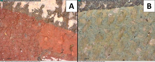 Two magnified images showing the paint layers of the Hathor shroud. Image A shows the intersection of original red, the restoration red, and restoration pink. The original red shows as a darker red and is the most prominent color in this image. The restoration red is a brighter spot of red toward the right side of the image. The restoration pink is in the upper right corner. Image B is an area of green pigment. The woven substrate is visible beneath the light green paint. There is a 0.5 millimeter scale in the bottom left corner of both images.