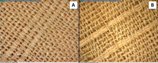 Two side by side image showing the different weaving structures of two funerary shrouds. A reticular pattern formed by the warps and wefts can be appreciated. The fibers used appear tan in color.