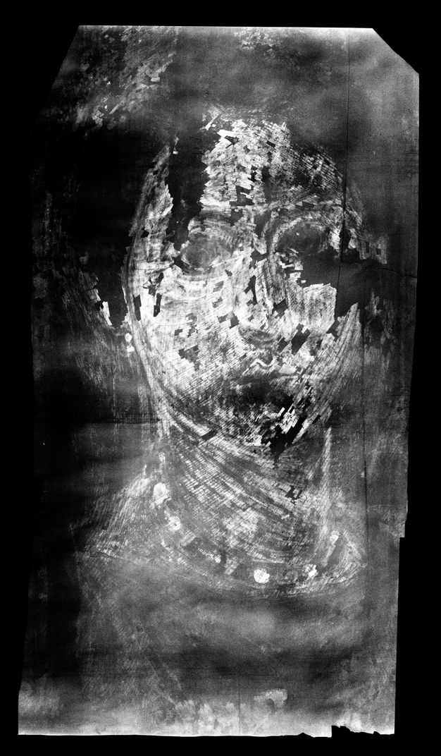 Radiograph of figure 5.2. The lead-based pigment used in the woman's face, neck, and the white beads of her necklace appears white. Her facial features can still be made out in this imaging.