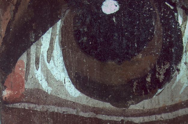 Visible image of the only remaining eye in Figure 5.3. The eye has four layers of color: there is a white dot at the top giving the impression of the reflection of light, dark brown for the pupil, a lighter brown for the iris, and a darker brown in a thick outline around the iris. The left corner of the eye has some pink.